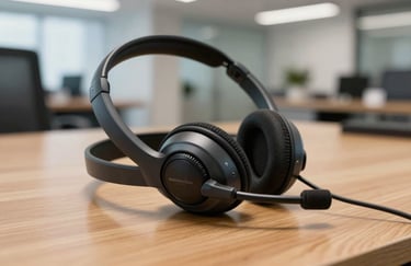Close-up of a high-quality professional telecommunications headset resting on a clean wooden desk, with a blurred modern office background in South American style.