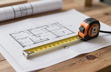 Architectural blueprints and a measuring tape on a high-end wooden surface (#A38B7C). Represents the meticulous planning and professionalism of a custom cabinetry project. Professional and elegant photography.