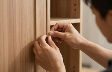 Close-up of a craftsman's hands precisely adjusting a custom cabinet door. The lighting is warm and emphasizes the texture of the fine wood (#A38B7C) and the professionalism of the work.
