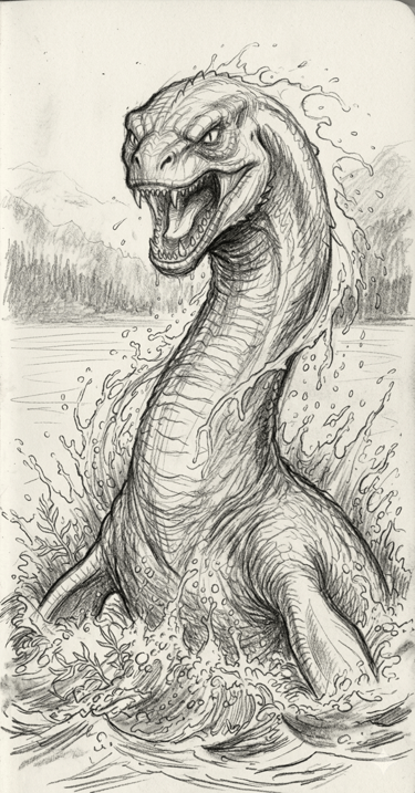Dark cryptid artwork the Loch Ness Monster, a legendary monster of folklore and paranormal cryptid