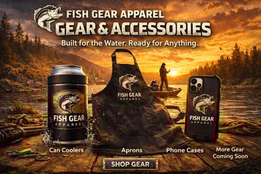 Fish Gear Apparel accessories including can coolers, aprons, and phone cases on a dock at sunset.