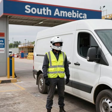A professional driver in a safety vest and helmet standing next to a company van at a South American construction site entrance.