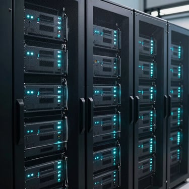 A crisp shot of high-tech server racks illuminated with subtle Turquoise Blue lights, signifying security and technological advancement in a US-based facility.