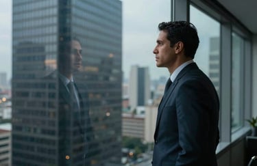 A South American executive looking out from a high-rise office window toward a cityscape. Reflective mood, strategic thinking. Sophisticated lighting with dark blue and gray tones.