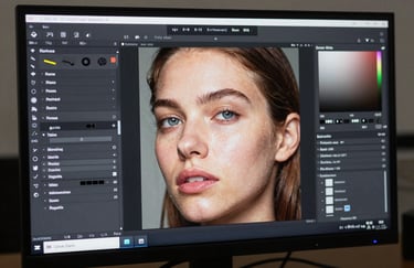 A close-up of a high-resolution 8K monitor showing a detailed skin retouching process in a professional editing suite, with a focus on color accuracy.