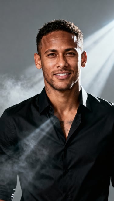 Professional portrait of footballer Neymar Jr wearing a black shirt with dramatic lighting and smoke.