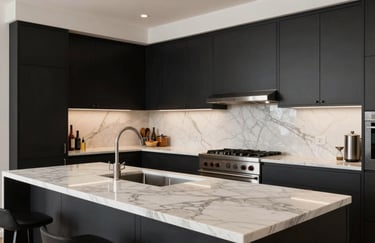 Modern gourmet kitchen design with matte black cabinetry and ivory marble countertops in a professional North American / Miamian residence.