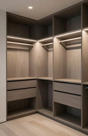 A minimalist luxury walk-in closet in a North American / Miamian home, featuring custom warm gray cabinetry and high-end integrated LED lighting.