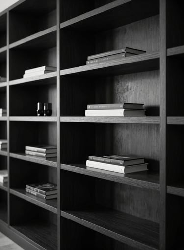 Elegant custom shelving for a luxury home library, featuring clean lines and a monochromatic black and white palette in North America / Miami.