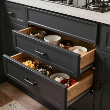 Detail shot of bespoke kitchen drawers with premium black hardware and organized storage in a North American / Miamian home.