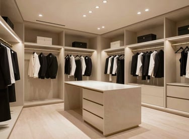 Spacious luxury dressing room with floor-to-ceiling custom closets and a central ivory island in a North American / Miamian estate.
