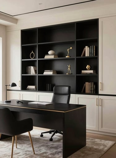 A sophisticated home office setup featuring custom built-in cabinetry in ivory and black in a luxury North American / Miamian house.