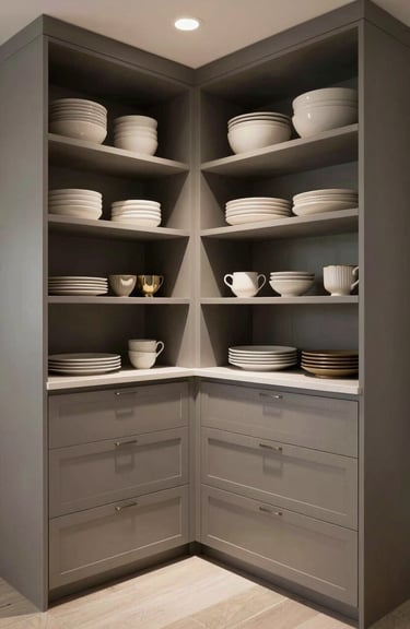 Professional shot of a sleek, modern pantry with custom cabinetry and warm gray finishes in a North American / Miamian residential space.
