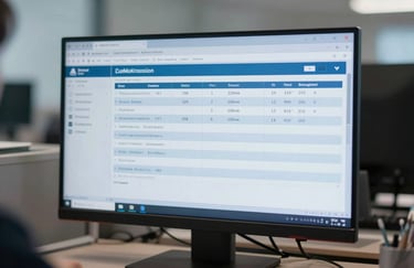 A sleek computer monitor in a North American / US office displaying professional medical administration software, medium blue and light blue-grey color palette.