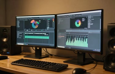 Photography of virtual instrument software interfaces on a studio monitor in a Latin American workspace. Warm amber yellow lighting reflects off the desk, creating a professional and innovative atmosphere.
