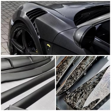 Custom carbon fiber car parts and body kits including fenders, spoilers, and forged carbon trim.
