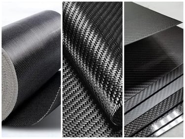 Various carbon fiber materials including a woven fabric roll, twill weave pattern, and stacked composite sheets.