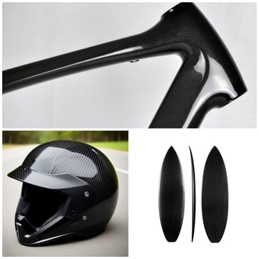 A composite image showcasing lightweight carbon fiber products including a bike frame, motorcycle helmet, and surfboard.