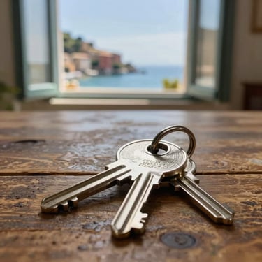 Close-up of elegant silver house keys resting on a rustic wooden table with a blurred background showing a sunny Mediterranean window in the Italian Riviera / Ligurian Coast.
