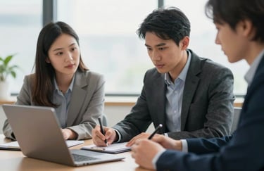 Two professionals in a European office setting having a focused discussion across a table, one taking notes on a tablet, natural lighting, professional and collaborative mood.