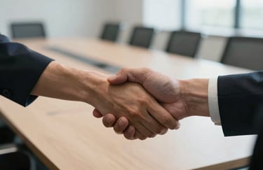 A close-up of hands shaking in a bright, modern European conference room, representing a successful interview, soft natural lighting.