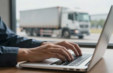 Close-up of hands typing on a laptop with a commercial truck visible through a window in the background, representing the professional management of logistics paperwork.