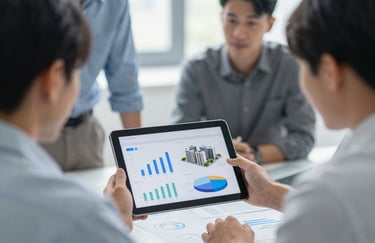 Engineers discussing over a digital tablet, showing graphs and 3D building models, representing efficient project management.