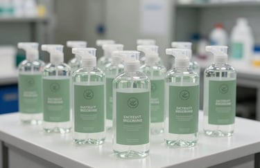 A collection of eco-friendly professional cleaning supplies in transparent bottles with Sage Green labels, neatly arranged on a clean white surface in a Central European / French facility.