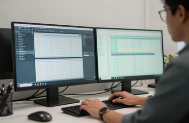 A professional Southeast Asian / Indonesian editor working at a desk with two monitors, analyzing data, clean and organized workspace, Steel Blue and Soft Mint Cream color palette.