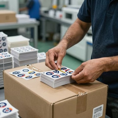 A worker in a clean, modern production facility packing stacks of custom die-cut stickers into a cardboard shipping box, North American / US.