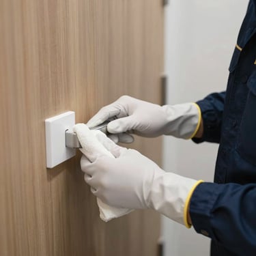 A professional cleaner in white gloves and a navy blue uniform sanitizing a modern office door handle and light switch, showcasing hygienic protocols.