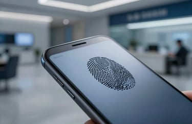 Close-up of a secure biometric fingerprint sensor on a sleek mobile device in a Global / International corporate lobby with muted steel blue lighting.