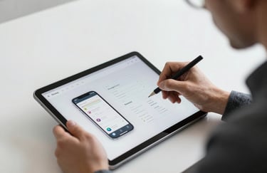 A professional in a Global / International design studio sketching a mobile UI on a digital tablet with misty white backgrounds and clean composition.