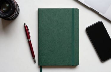 A top-down flat lay of a matte forest green notebook, a crimson pen, and a smartphone on a crisp parchment desk.