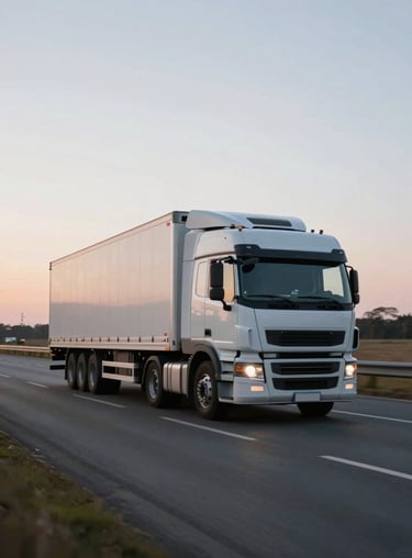 A sleek, modern logistics truck driving on a highway at dawn, symbolizing reliable and timely distribution.