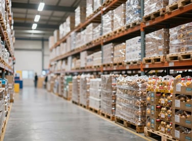 A wide shot of a clean, technologically advanced warehouse storing pallets of food products, emphasizing efficiency.