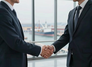 Two business partners in professional attire shaking hands in a glass-walled office overlooking a port, signifying global collaboration.