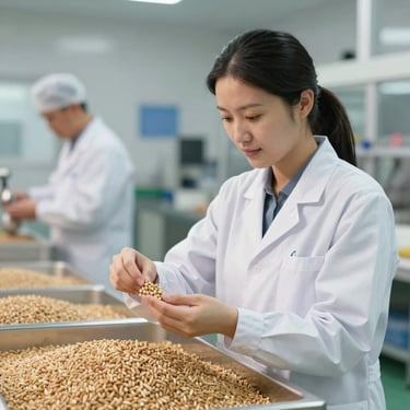 A professional quality control officer in a clean facility inspecting organic grains, conveying trust and high standards.