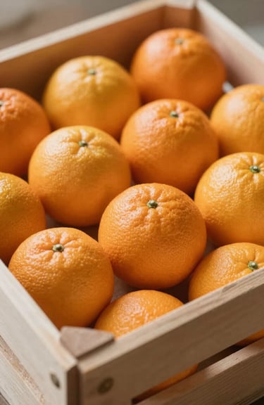 A close-up of fresh, premium citrus fruits in a wooden crate, with natural light and a focus on quality and freshness, incorporating #8BA89D tones.