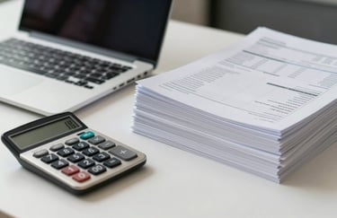 Close-up of a professional desk with a laptop, calculator, and neatly stacked financial ledgers in a modern Indian office setting, emphasizing precision and bookkeeping excellence.