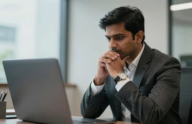 A candid photograph of a professional advisor in a formal South Asian / Indian business suit, nodding while listening attentively in a modern, well-lit office.