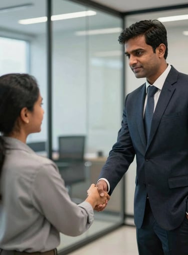 A handshake between a South Asian / Indian consultant and a parent in a professional office setting with glass walls.