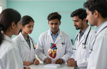A group of South Asian / Indian medical students in white lab coats discussing a heart model in a soft aqua colored classroom.