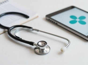 A clean, minimal desk with a stethoscope, a medical textbook, and a tablet showing a teal medical logo.