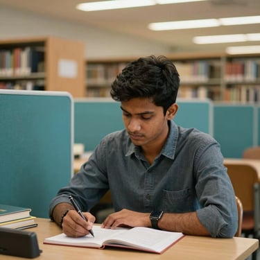 A focused South Asian / Indian student studying in a modern library with teal colored partitions and warm lighting.