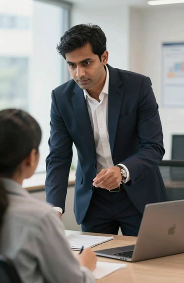 A professional South Asian / Indian consultant in a dark navy suit advising a student in a bright, modern office.