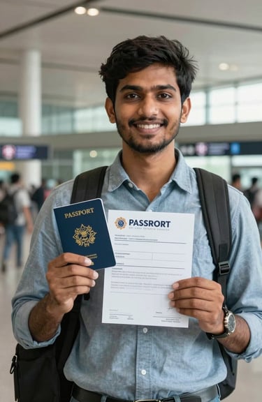 A South Asian / Indian student holding a passport and an admission letter, smiling in front of a modern airport terminal.