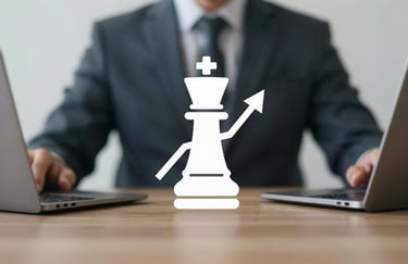 A conceptual, clean professional icon representing business strategy, such as a chess piece or a growth line, presented in a minimalist, sophisticated way using brand colors.