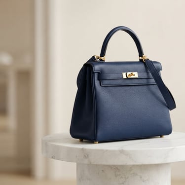 Premium leather handbag on a minimalist marble pedestal, soft studio lighting with gentle shadows, deep navy and warm gold accents, shallow depth of field, product shot, right side bleeding to edge