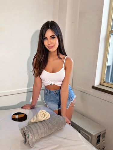 Cielo con look casual de short y top blanco junto a toallas listas para una sesión en Tribunales.